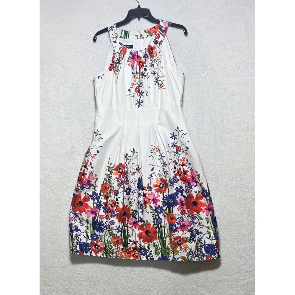 Nine West Women's 12 Floral Fit and Flare Dress White Red Purple Sleeveless Knee